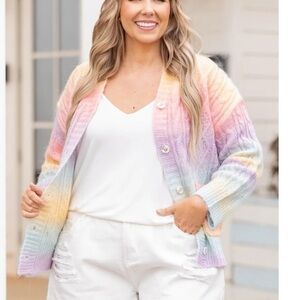 Chic Soul Wool Blend Rainbow Cable Knit Granny Cardigan Sweater 1X